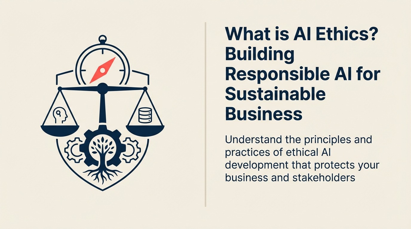 What Is AI Ethics? shown as a moral compass rests inside a transparent protective ring with five principle markers and one coral human-oversight handoff