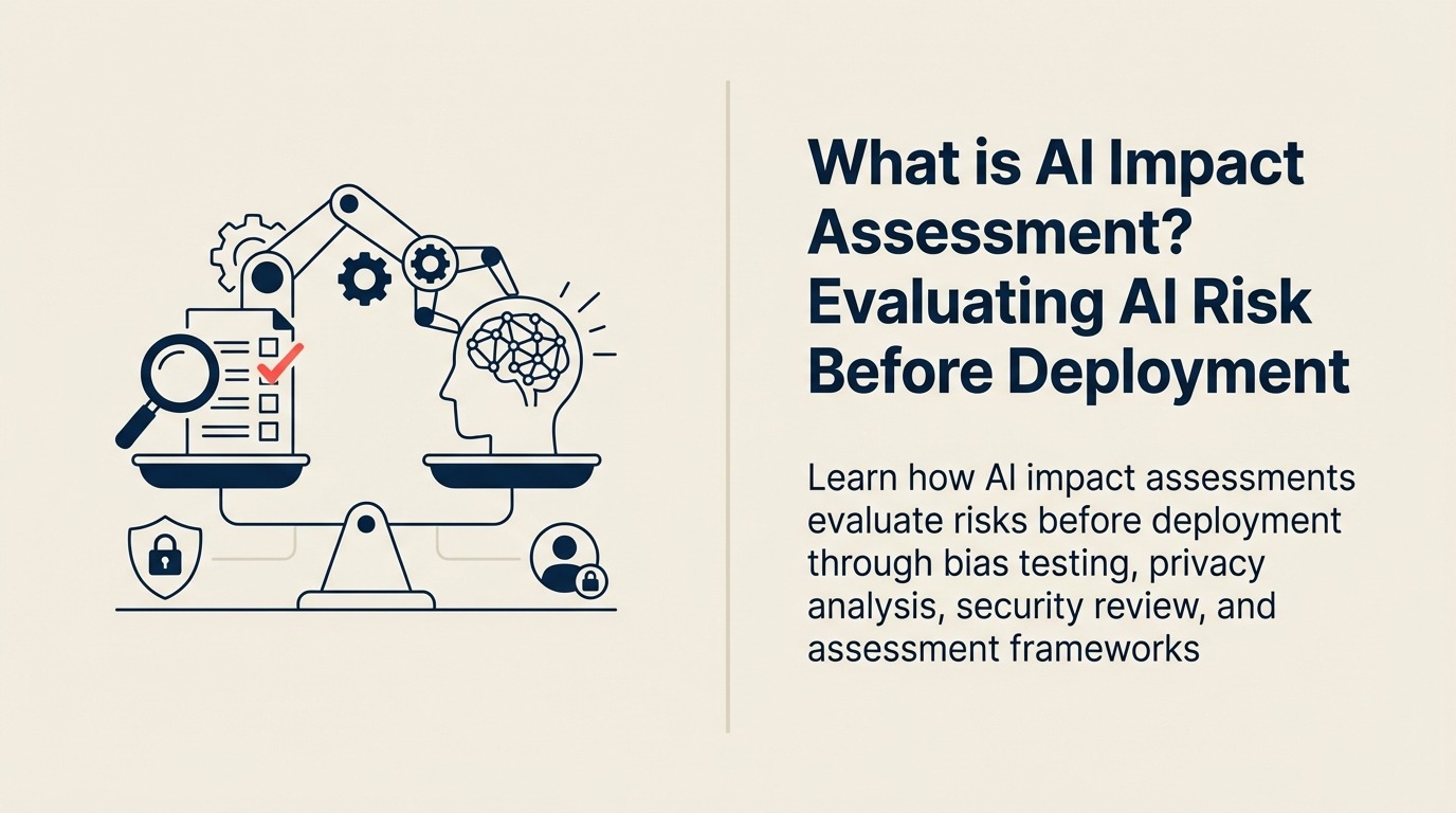 What Is an AI Impact Assessment? illustrated by a rounded inspection lens passes over a compact AI decision capsule, revealing seven restrained risk facets while one coral warning facet is isolated for action.