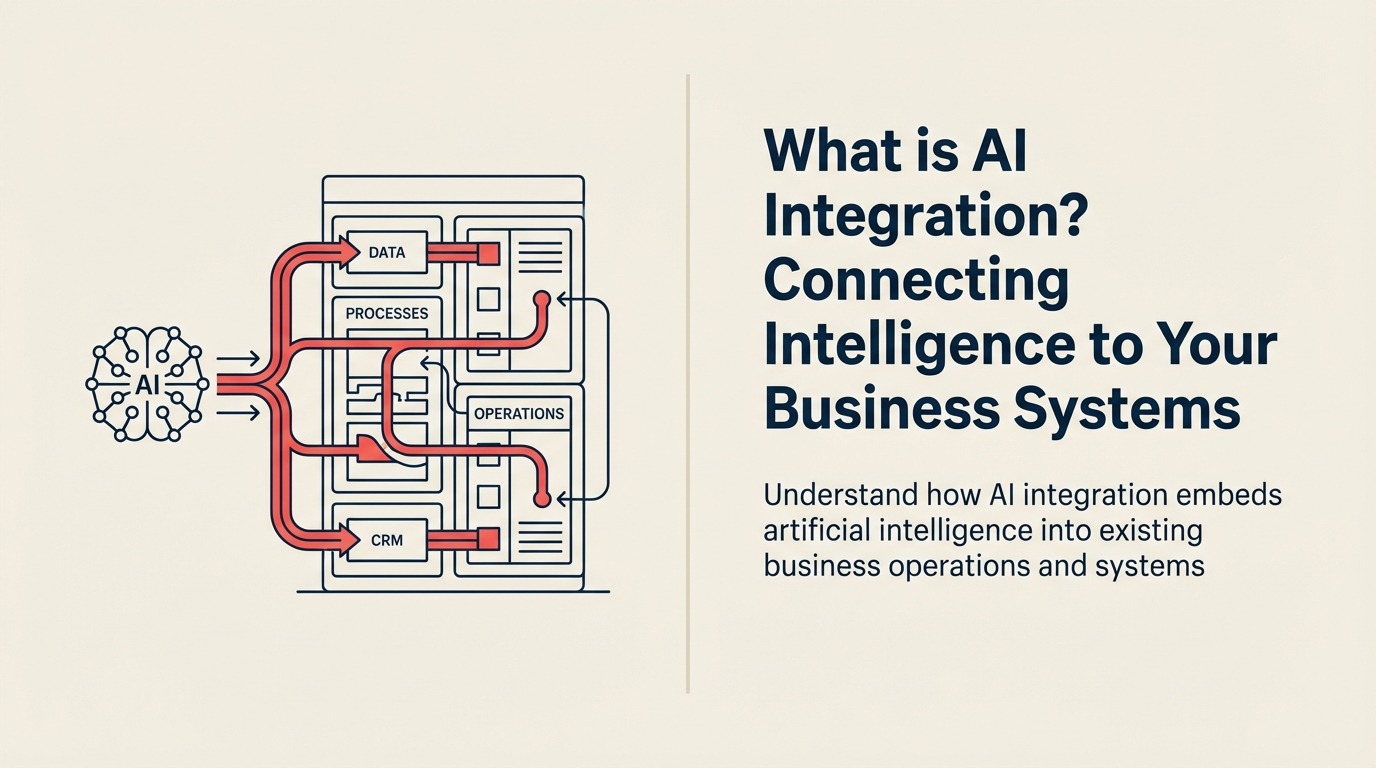 What Is AI Integration? shown as bridge joining AI core and business system