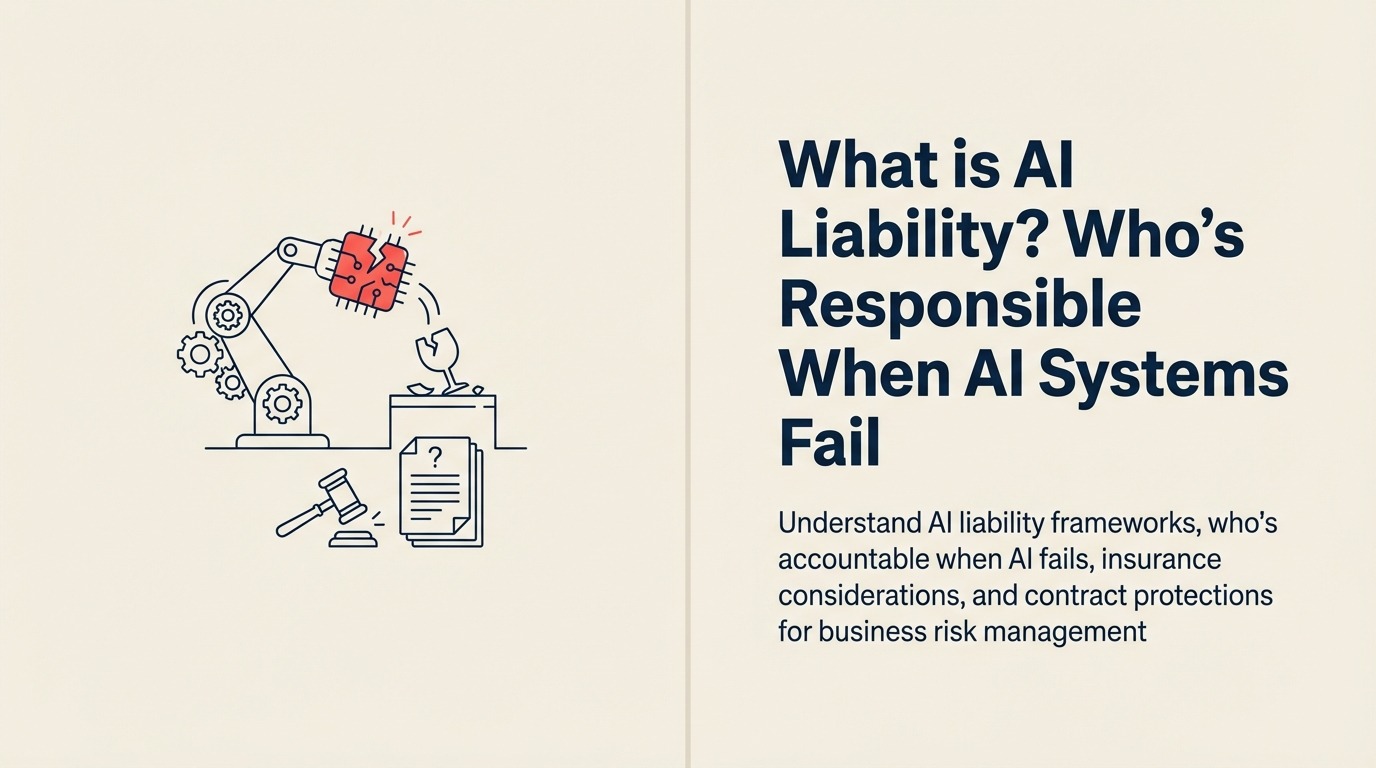 What Is AI Liability? shown as linked responsibility chain around an AI decision core
