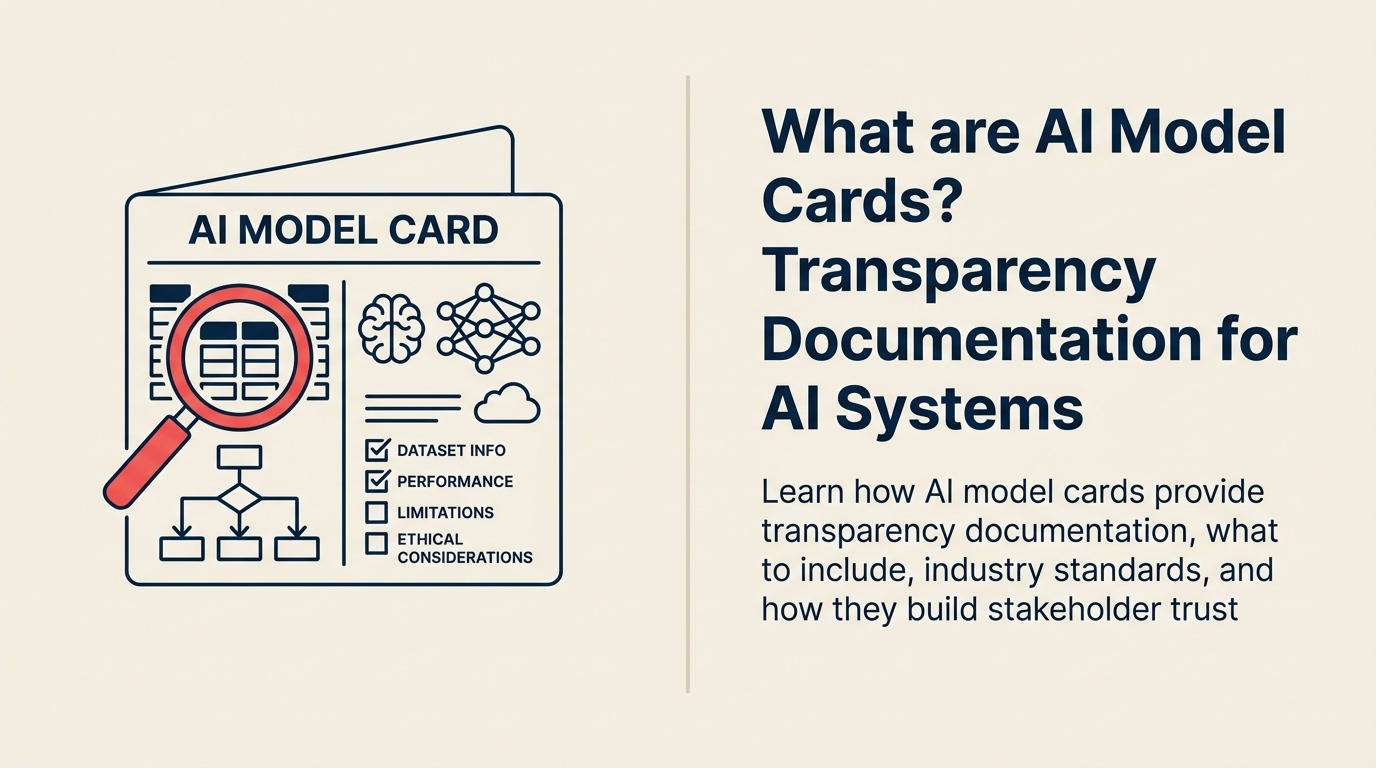 What Are AI Model Cards? illustrated by an open specification dossier with three blank tab shapes and one coral verification seal
