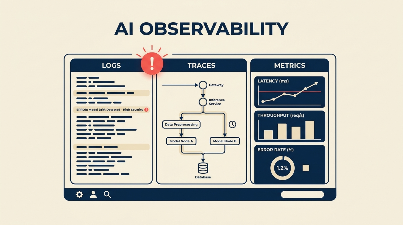 What Is AI Observability? illustrated with a transparent cutaway observatory lens revealing every layer inside an AI pipeline, with one coral anomaly visible