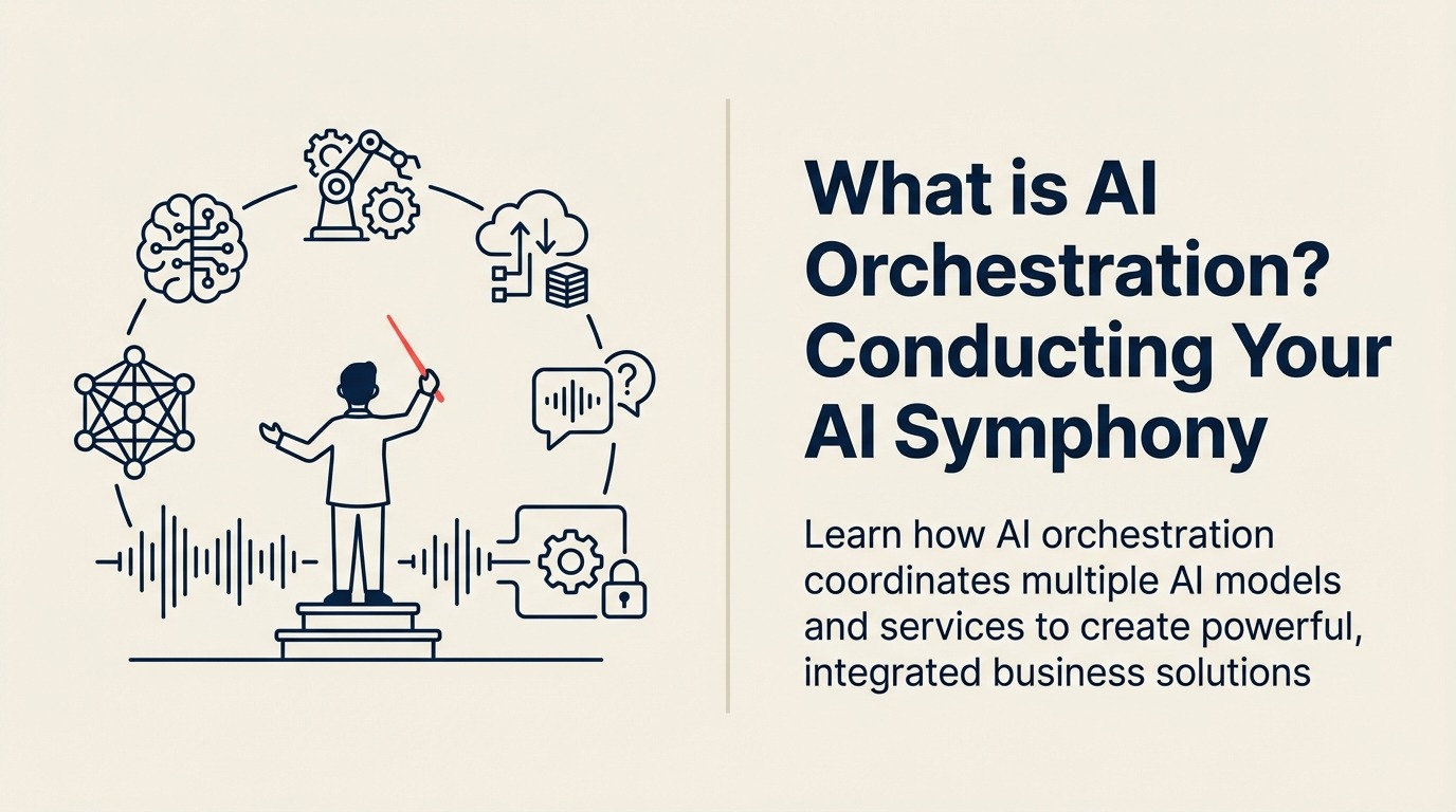 What Is AI Orchestration? illustrated with faceless conductor console coordinating several specialized AI instruments