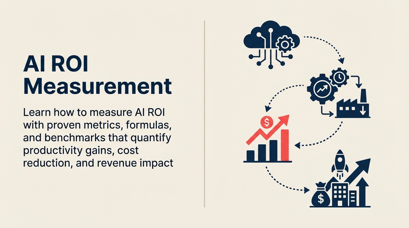 AI ROI Measurement shown as a financial balance combines an ai investment ledger and four benefit tokens, with one coral payback marker crossing break-even