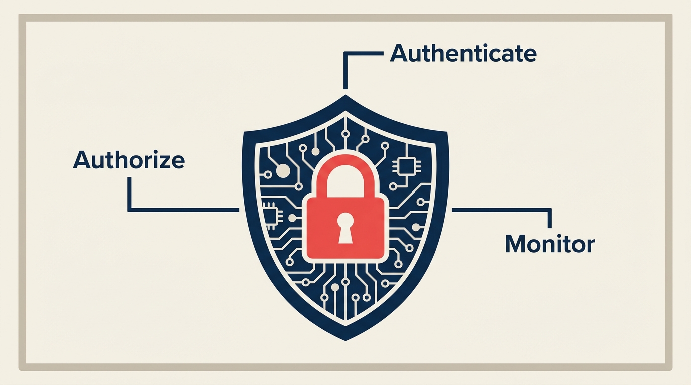 What Is AI Security? illustrated by a fortified model core sits inside nested rounded defense rings while a coral adversarial shard is stopped before reaching the training and inference chambers.