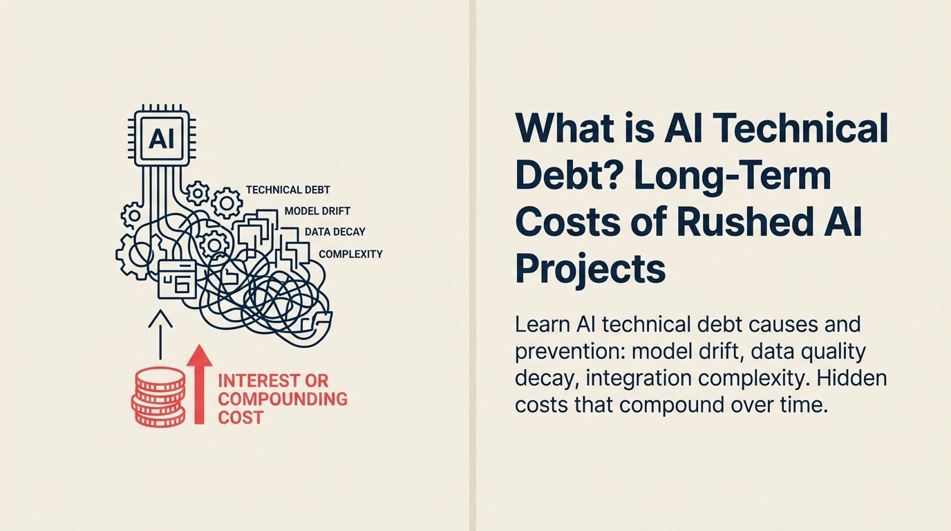 What Is AI Technical Debt? illustrated with cracked AI machine held together by temporary patches and an overdue maintenance tag