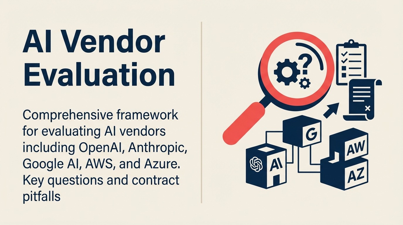 AI Vendor Evaluation shown as a seven-facet inspection lens surrounds one vendor contract, with a single coral facet revealing hidden lock-in risk