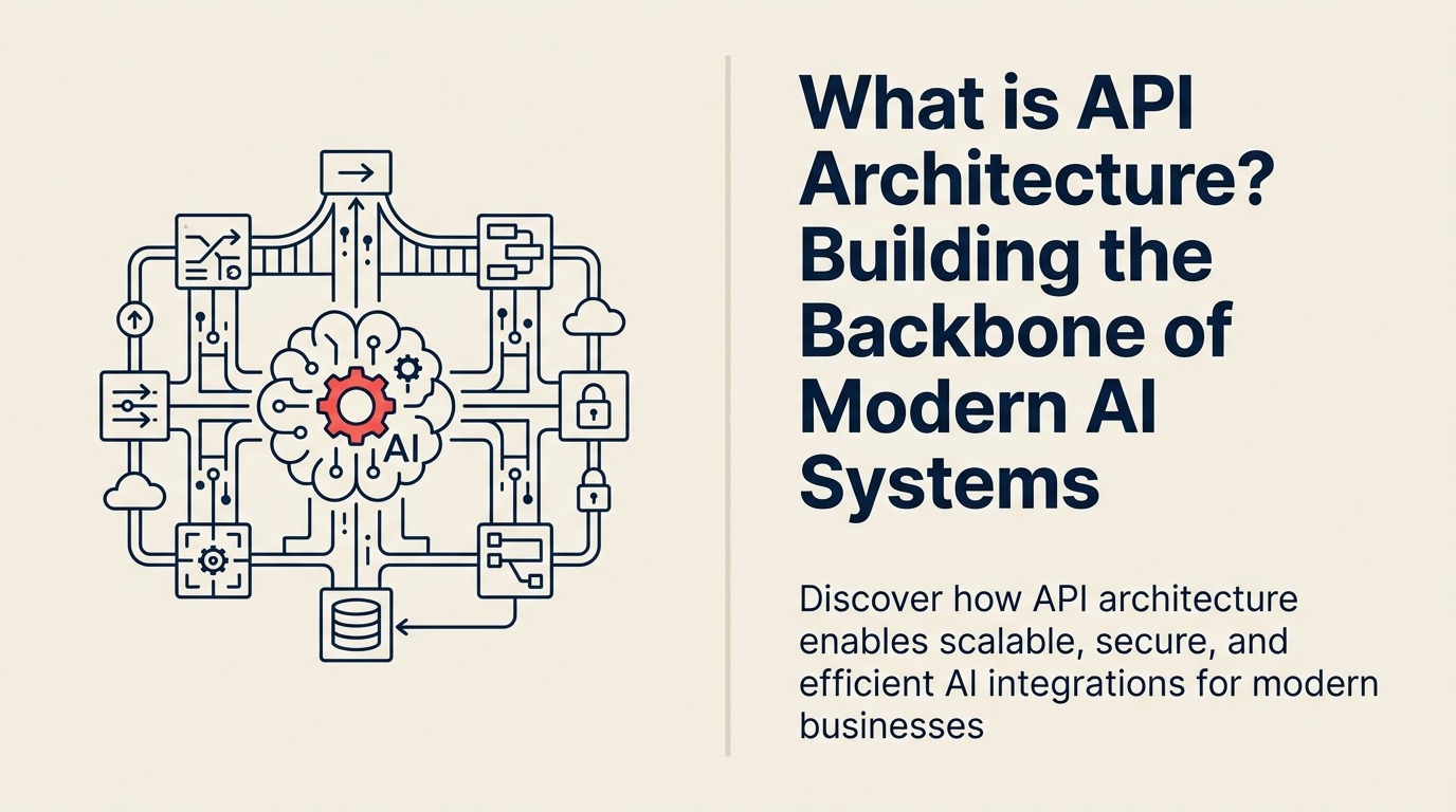 What Is API Architecture? illustrated with a clean structural blueprint embodied as a load-bearing bridge of gateway, services, data, and security layers