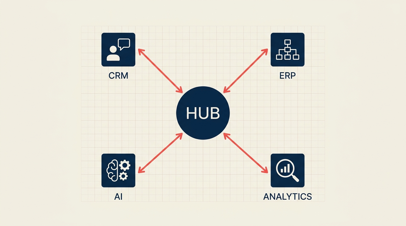 What Is API Integration? illustrated with two distinct software towers connected by a precise plug-and-socket bridge carrying structured data parcels