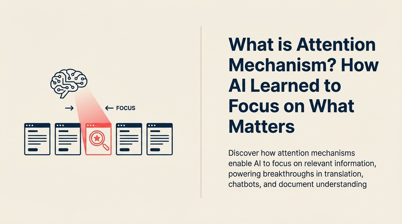 What Is an Attention Mechanism? illustrated with intelligent highlighter lens focusing on selected input tokens