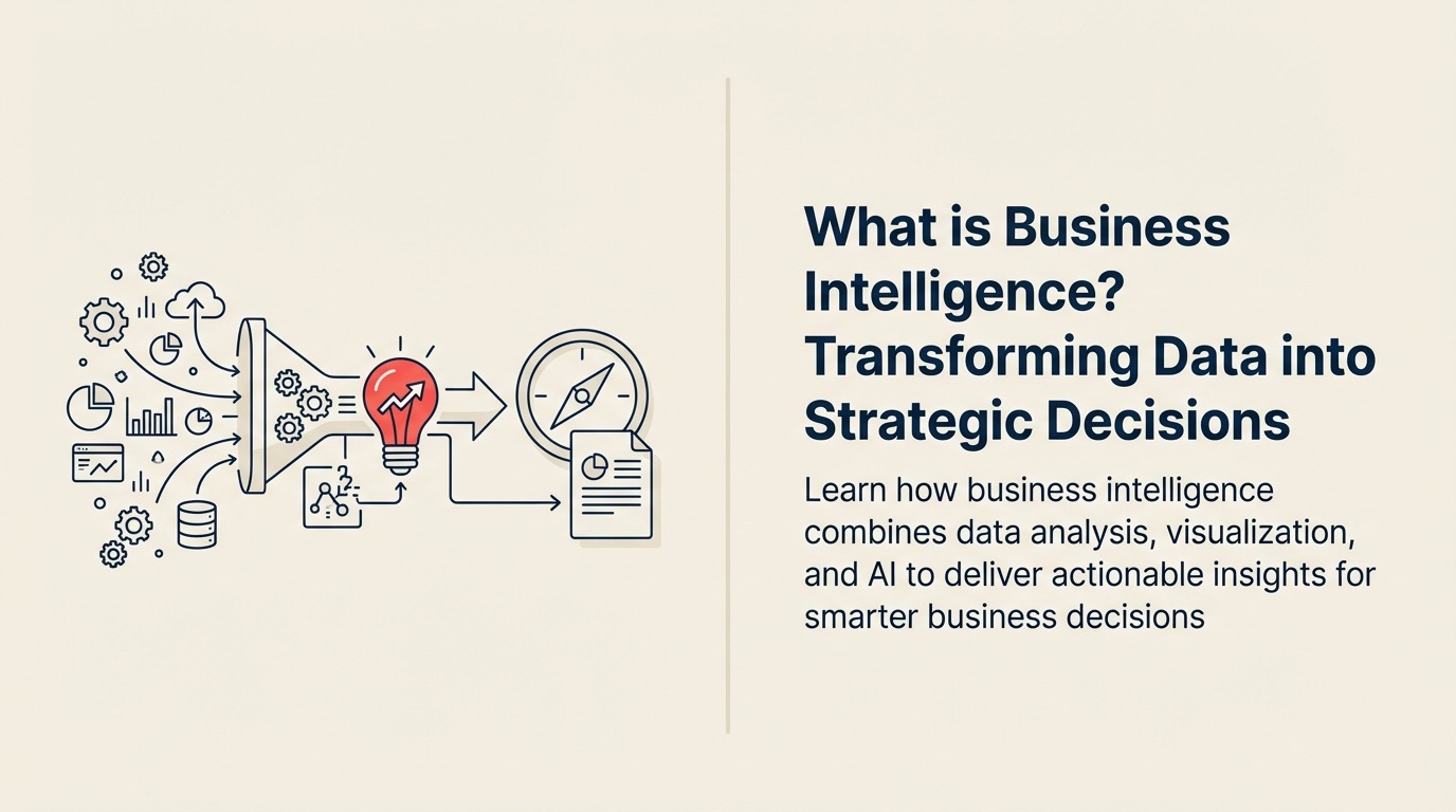 What Is Business Intelligence shown as lighthouse converting records into decision beam