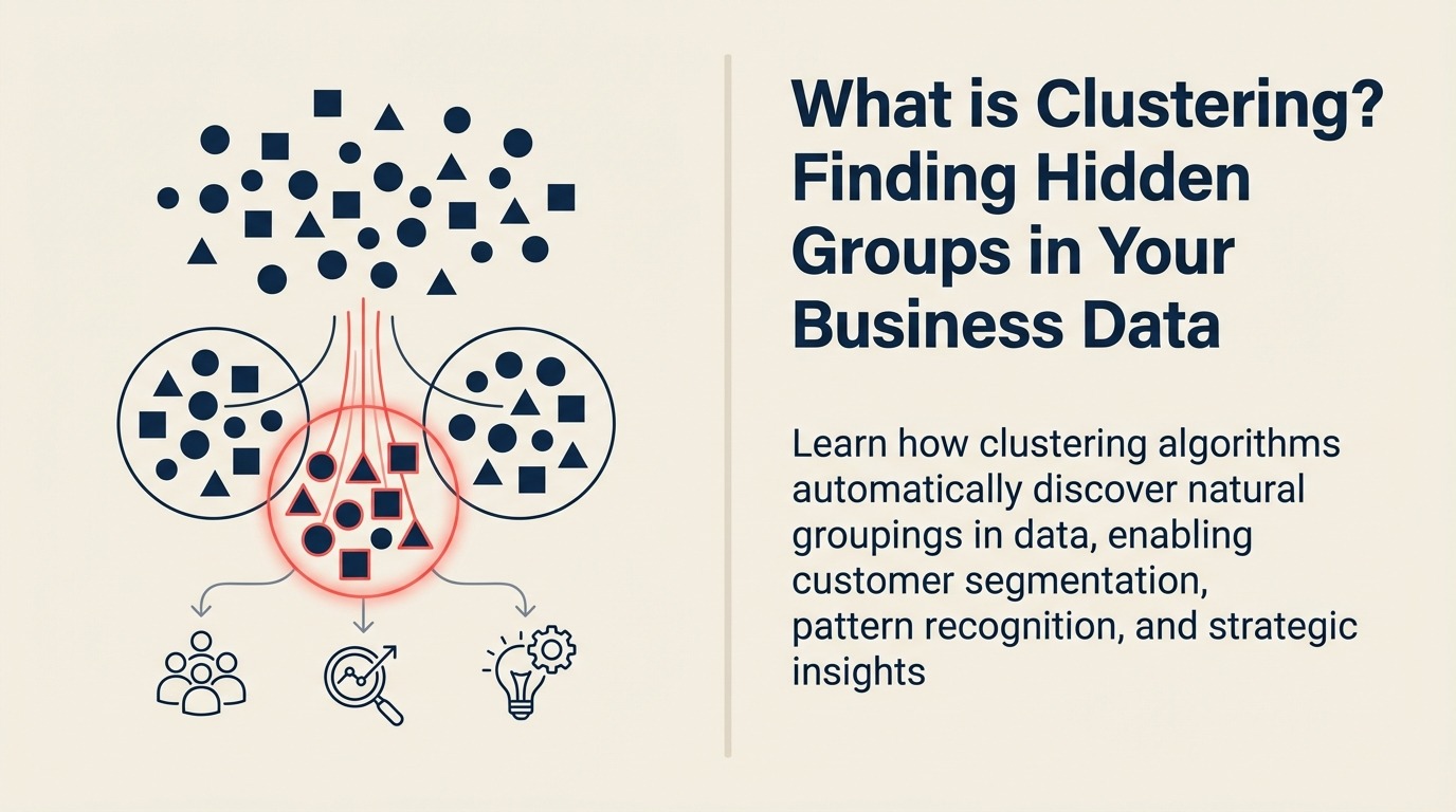 What Is Clustering? illustrated by a field of mixed rounded tokens passes through a grouping lens and settles into three distinct islands, with one coral outlier revealing a hidden segment.