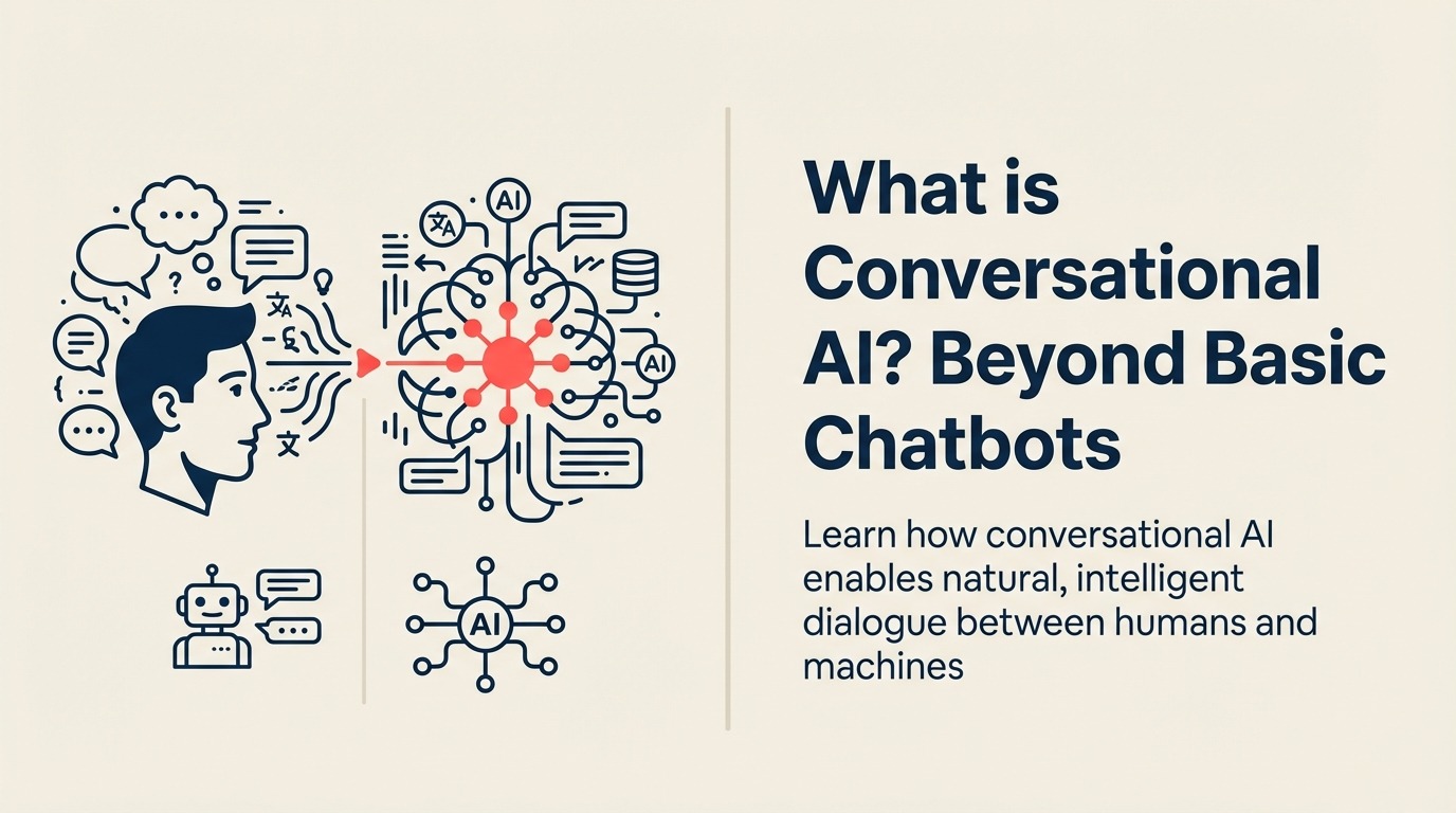 What Is Conversational AI? illustrated by two speech forms passing through a context loop that preserves one coral intent token