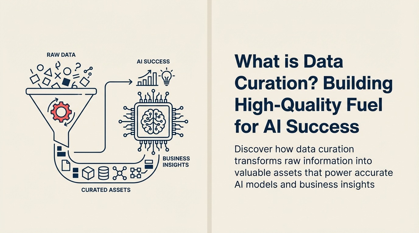 What Is Data Curation? illustrated by a museum-style data cabinet with carefully sorted record specimens and one coral quality stamp