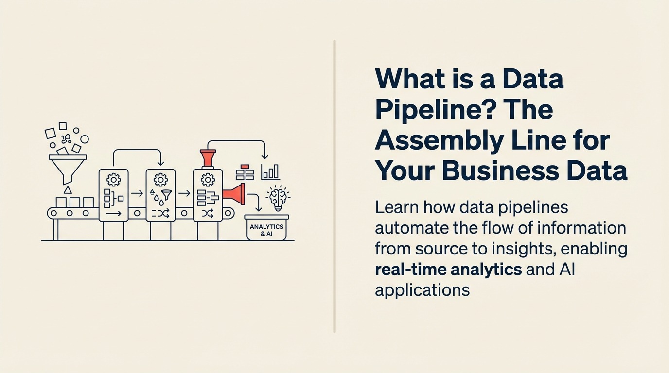 What Is a Data Pipeline? illustrated by a compact information aqueduct carries mixed source tokens through cleaning and transformation chambers into one coral ready-to-use destination vessel.