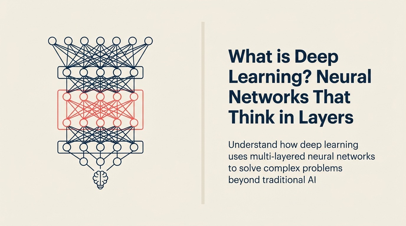 What Is Deep Learning? shown as a deep stack of translucent learning lenses turns a simple input pattern into a refined coral recognition signal
