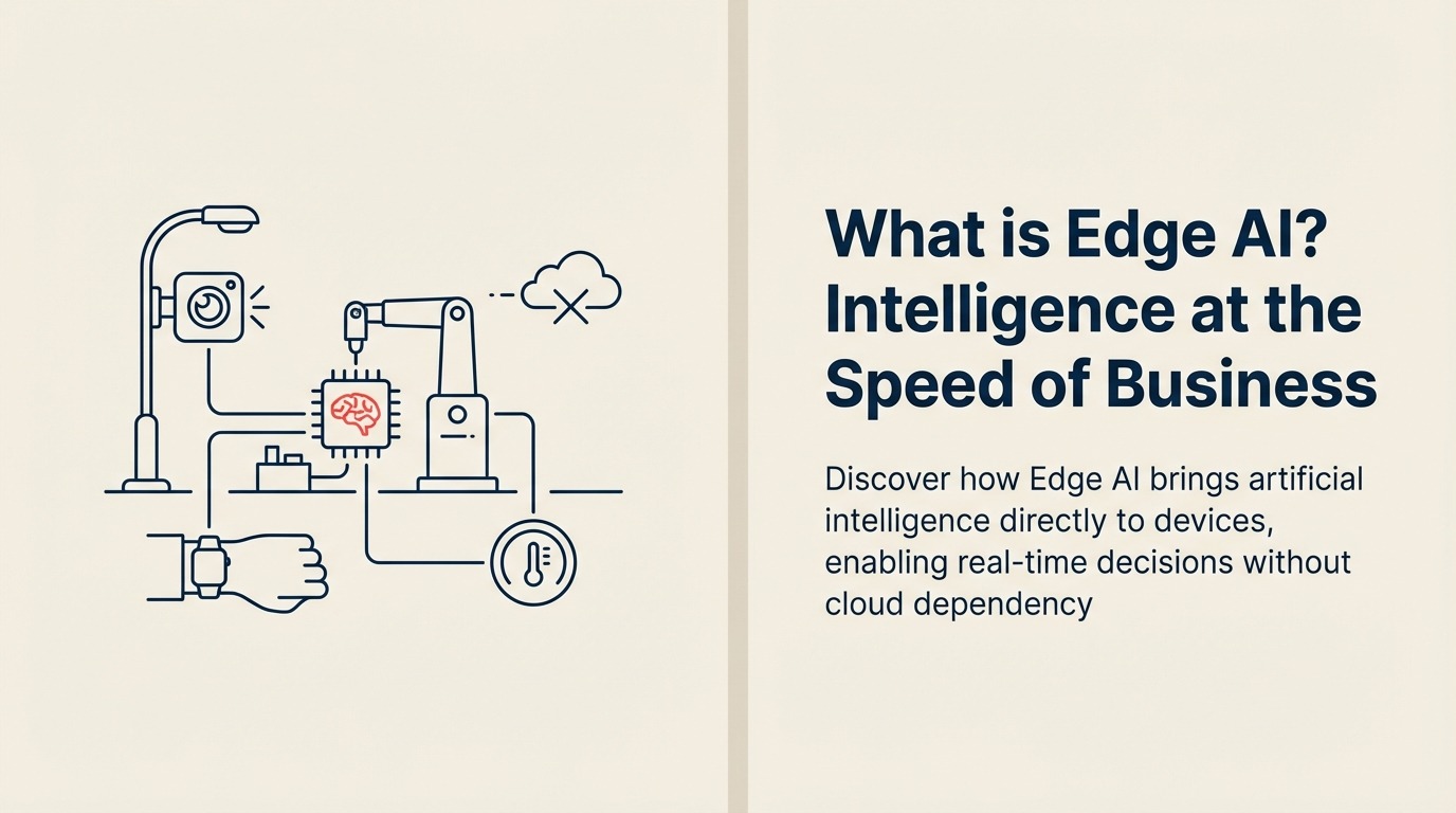 What Is Edge AI? illustrated by a compact edge device contains a glowing inference core beside local camera and sensor inputs, making one coral decision before a distant cloud is contacted.