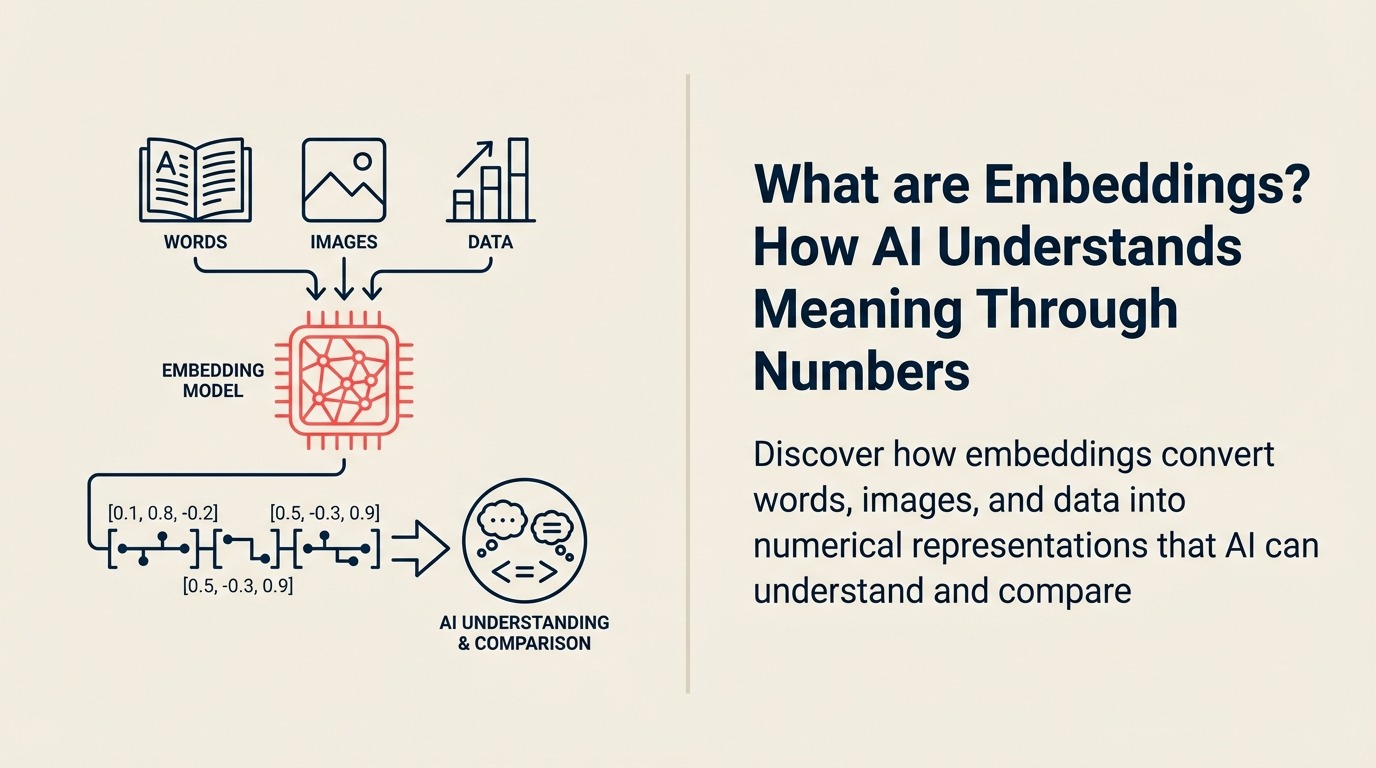 What Are Embeddings? shown as a semantic compass places related object tokens close together in a curved vector field, with one coral nearest-neighbor link