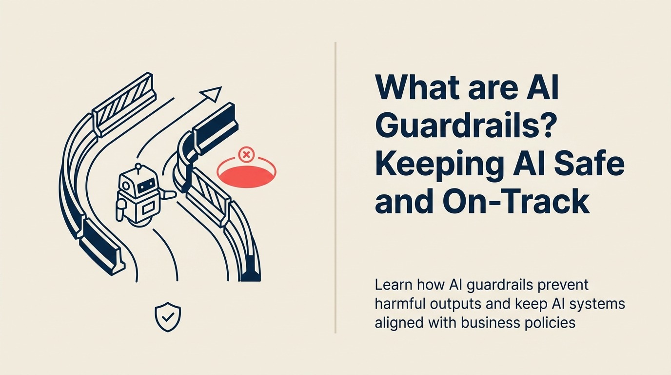 What Are AI Guardrails? illustrated with protected AI capsule inside independent safety rails and inspection gates