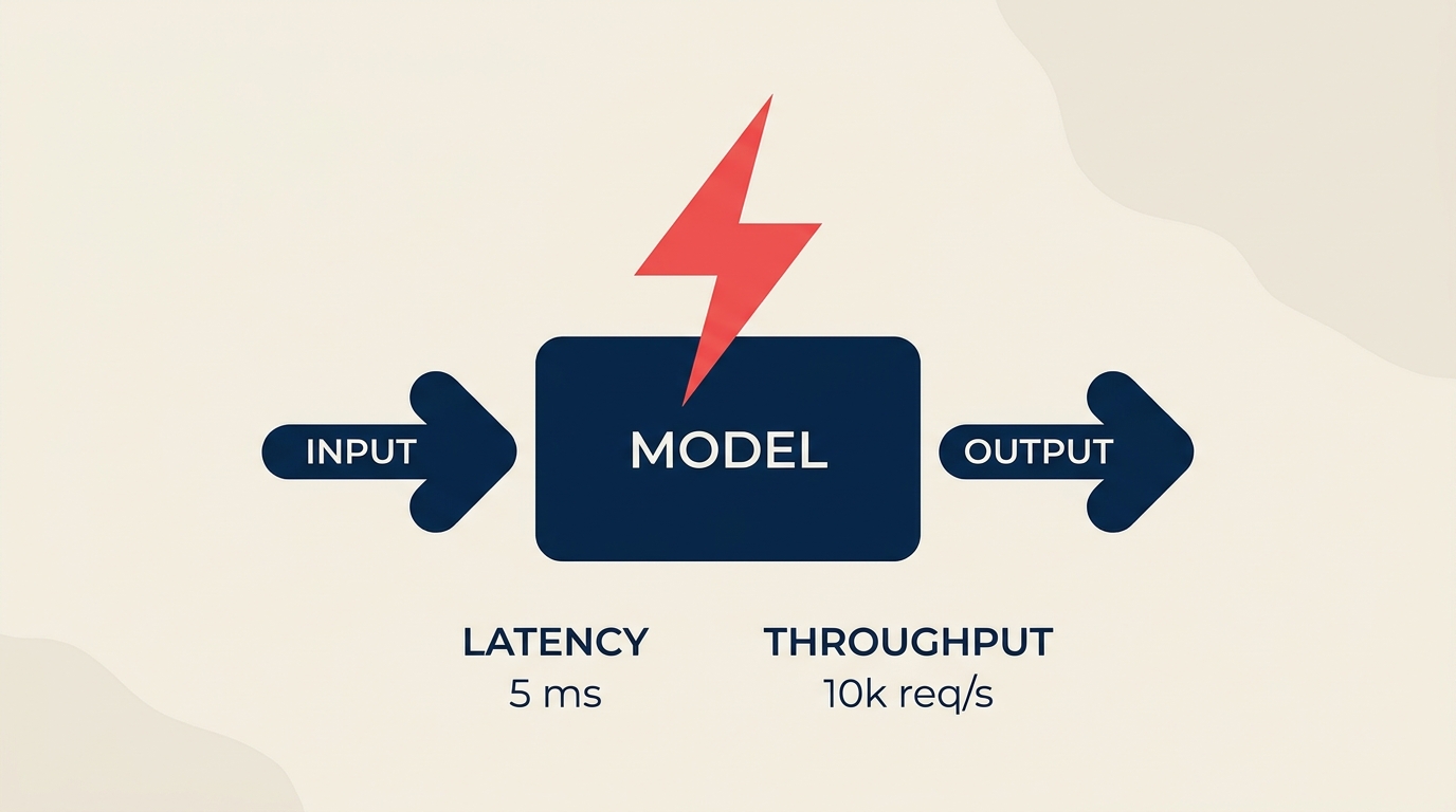 What Is AI Inference? illustrated by a sealed model engine receiving one input token tray and releasing a coral prediction signal