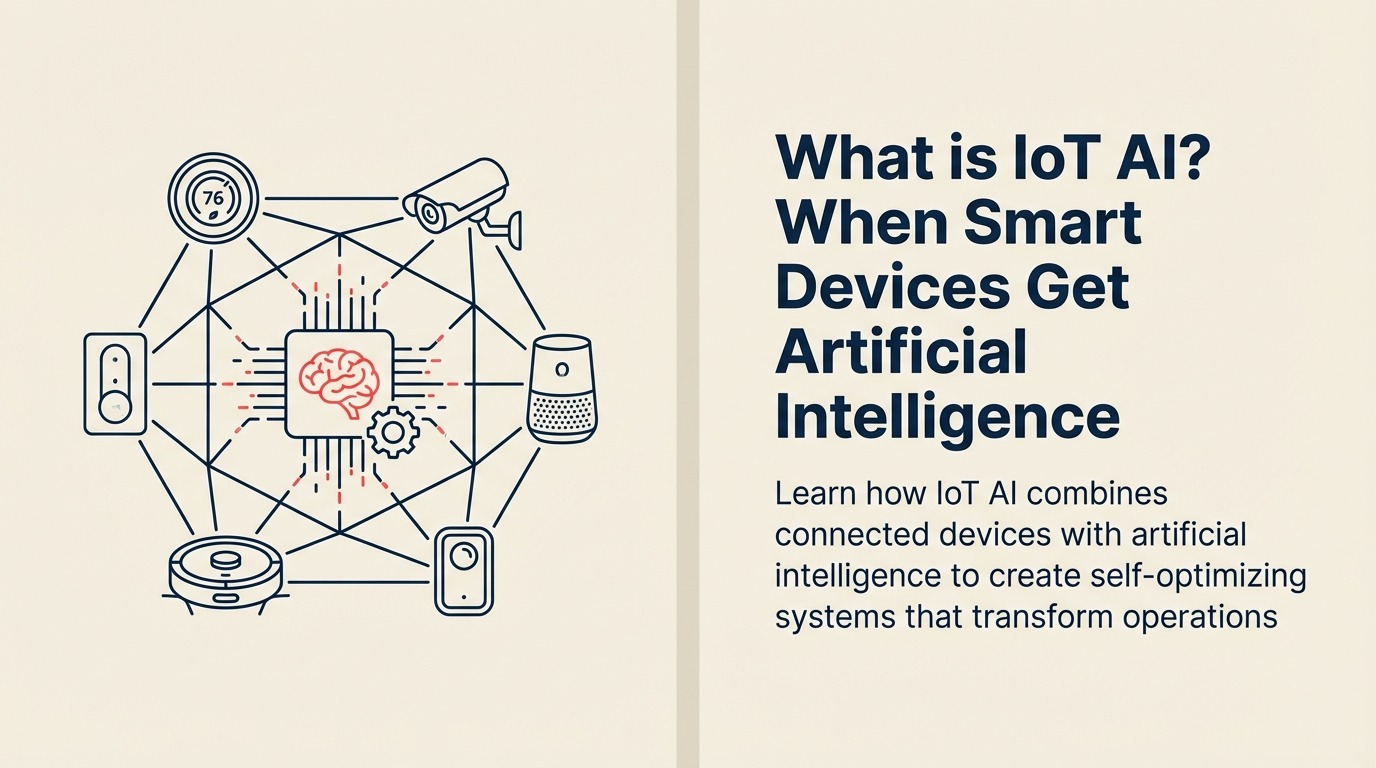 What Is IoT AI? illustrated with a network of physical sensors converging on an edge intelligence hub that triggers one precise coral action