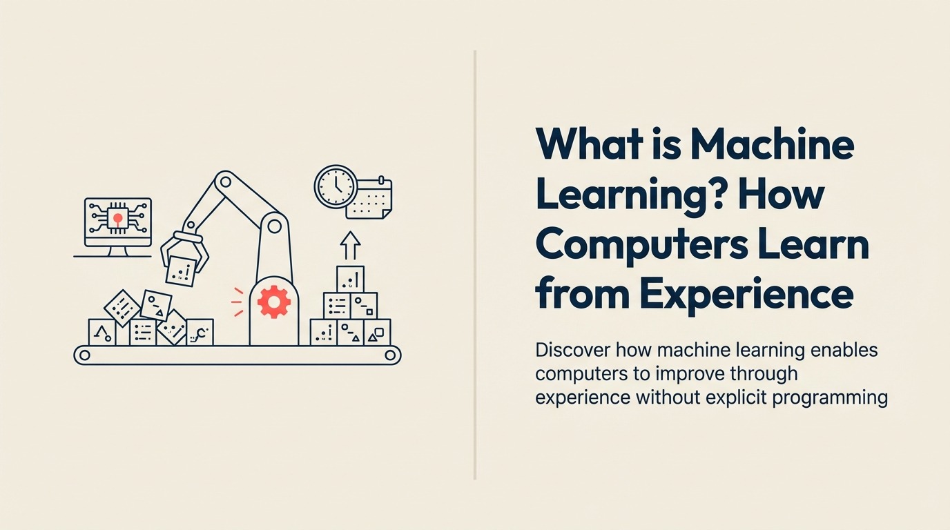 What Is Machine Learning? shown as a learning flywheel absorbs examples, adjusts an internal pattern drum, and emits one coral prediction token