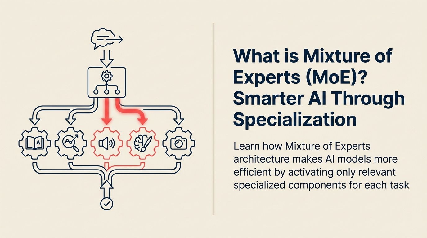 What Is Mixture of Experts? illustrated with a routing switch directing one input parcel to two specialists among a larger semicircle of expert modules