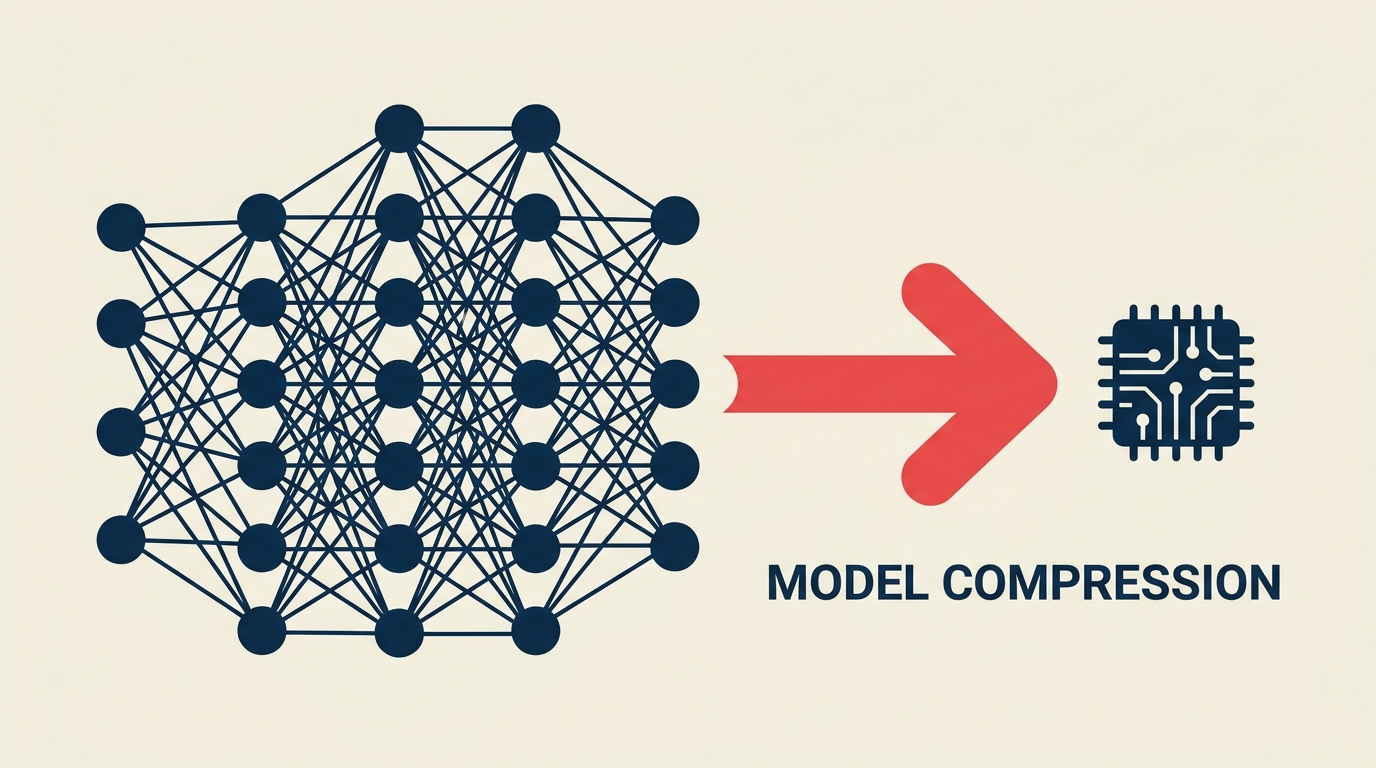 What Is Model Compression? illustrated by a large nested model block compacting into a small deployable capsule through a precise press