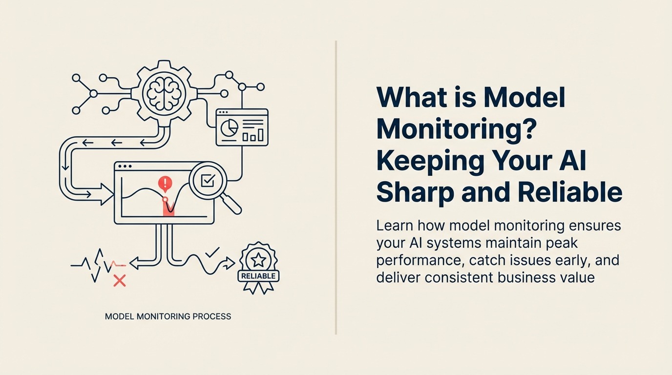 What Is Model Monitoring? shown as a model health instrument combines a prediction pulse, drift radar, latency dial, and one coral alert beacon