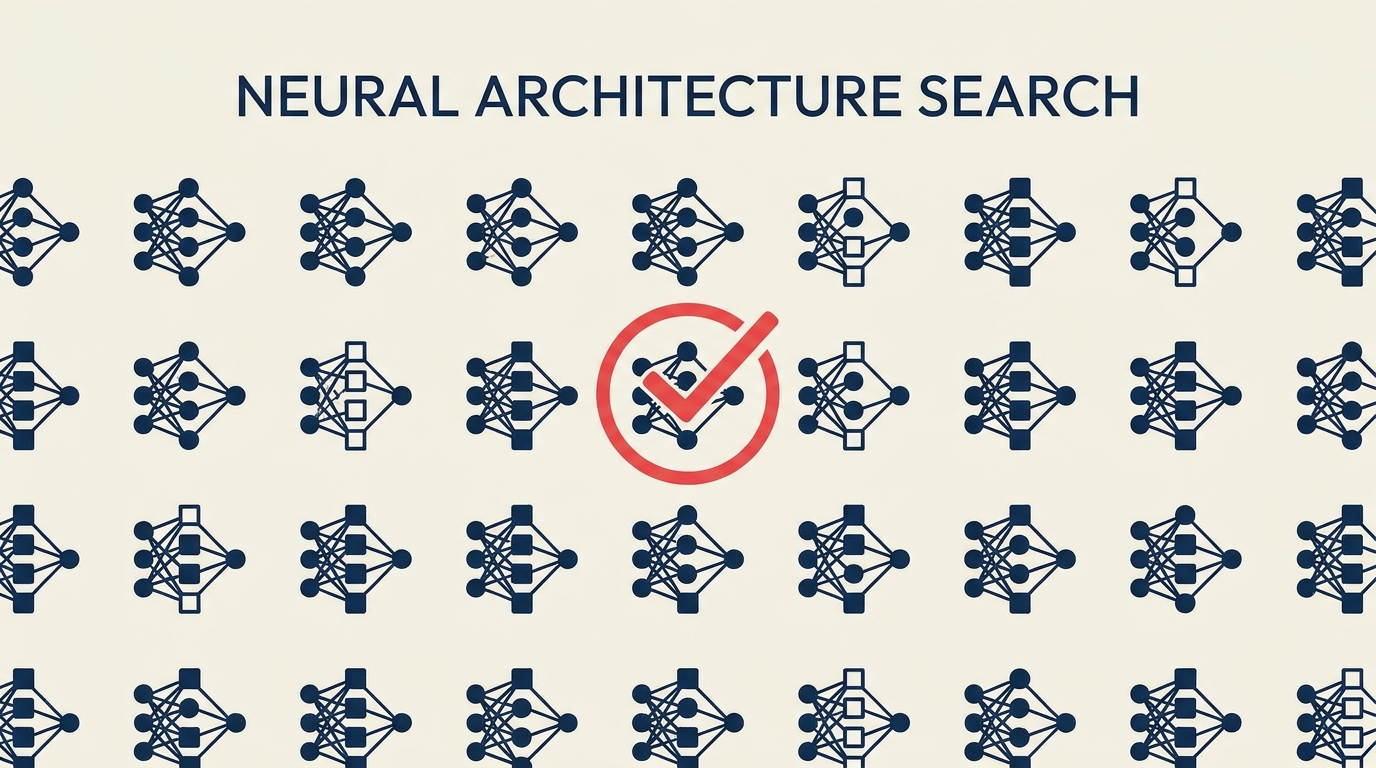 What Is Neural Architecture Search? illustrated with mechanical architect exploring and selecting one unusual neural blueprint