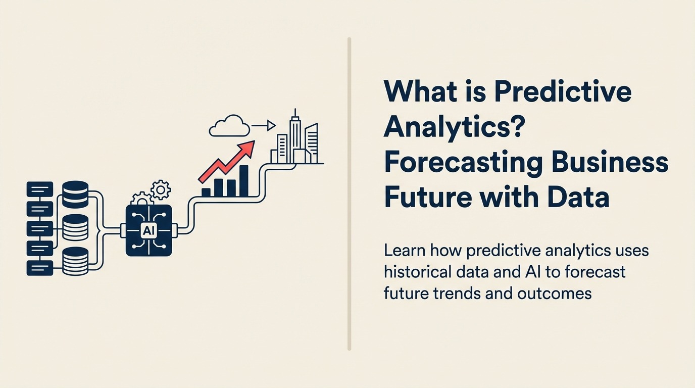 What Is Predictive Analytics? illustrated by a rear-view archive feeding a forward-looking lens that reveals one coral future signal
