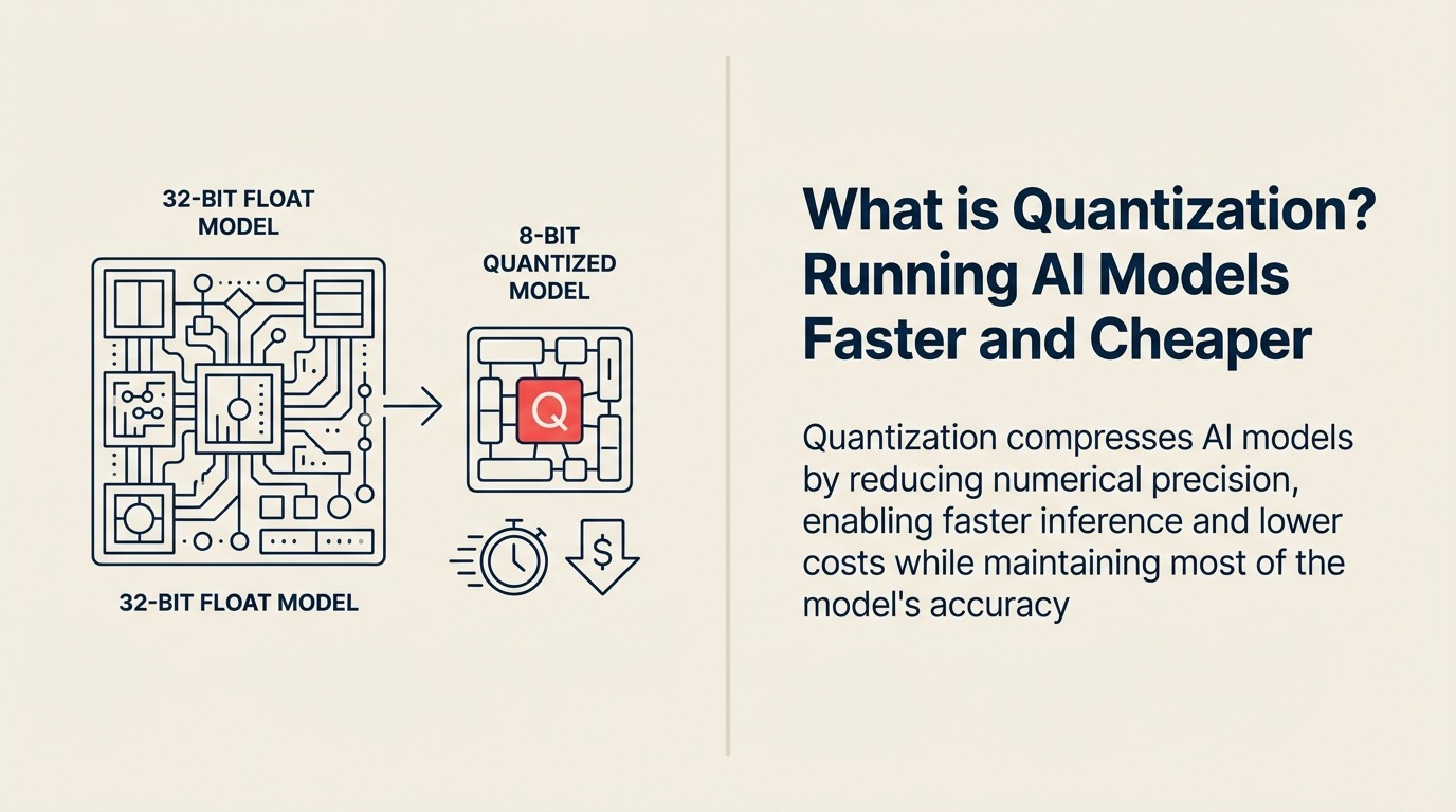 What Is AI Quantization? illustrated with precision compressor turning a large dense model crystal into a compact efficient one