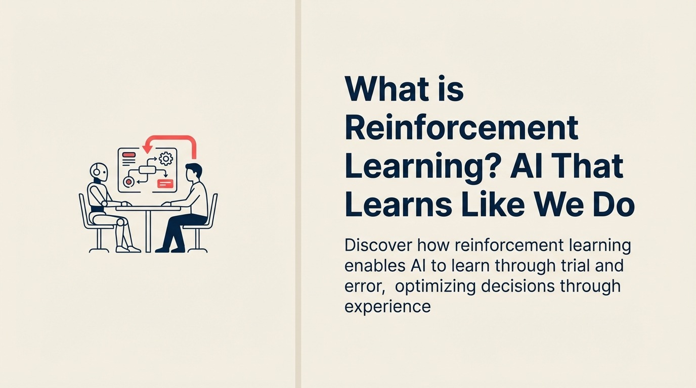 What Is Reinforcement Learning? illustrated with an agent navigating branching choices toward a coral reward marker while a feedback loop updates its route
