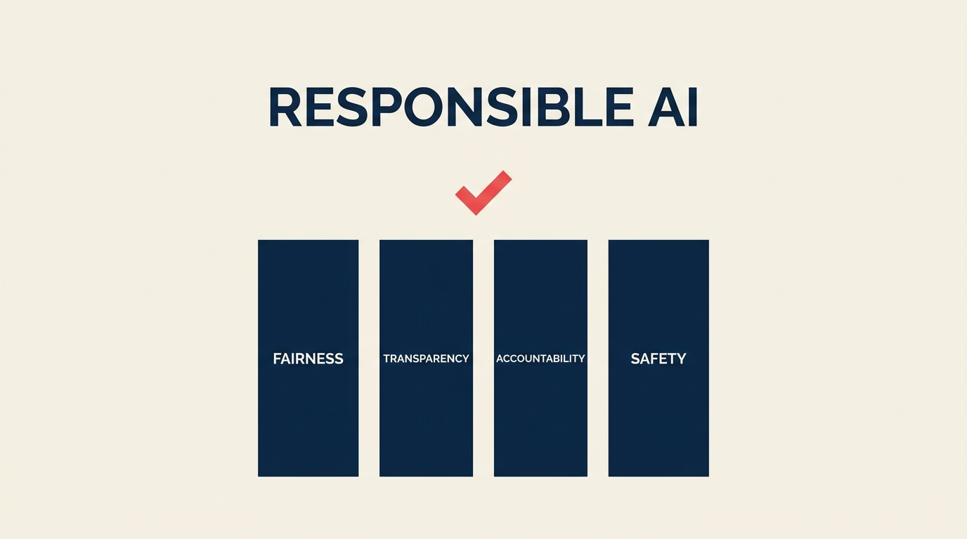 What Is Responsible AI? illustrated by a balanced compass protected by a safety ring with one coral accountability marker
