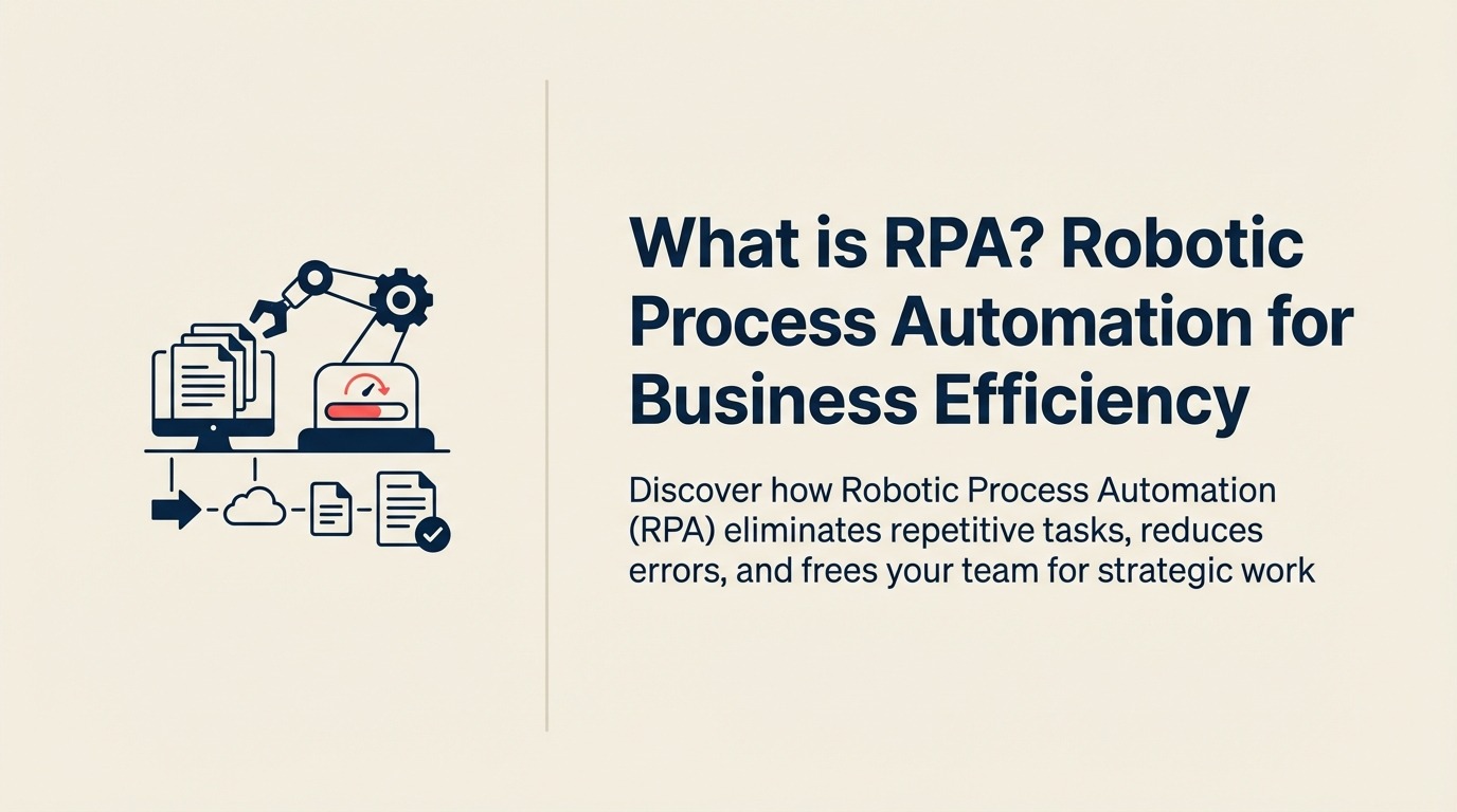 What Is Robotic Process Automation? illustrated by a compact mechanical office assistant moving a document between two application portals without a human figure