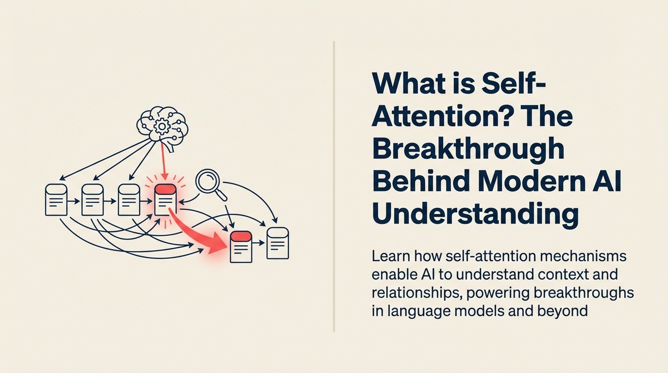 What Is Self-Attention shown as spotlight lens connecting one token to relevant peers