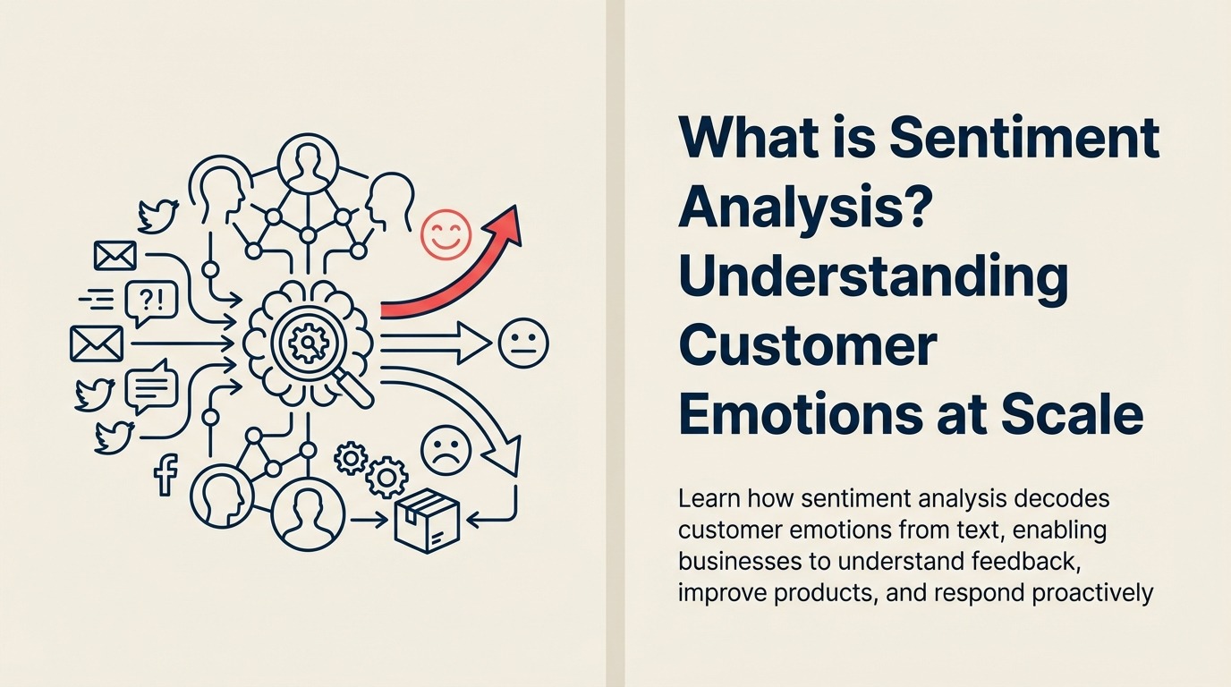 What Is Sentiment Analysis? illustrated by a language listening shell gathers varied text ribbons and translates them into one calm emotional compass with a coral frustration needle.