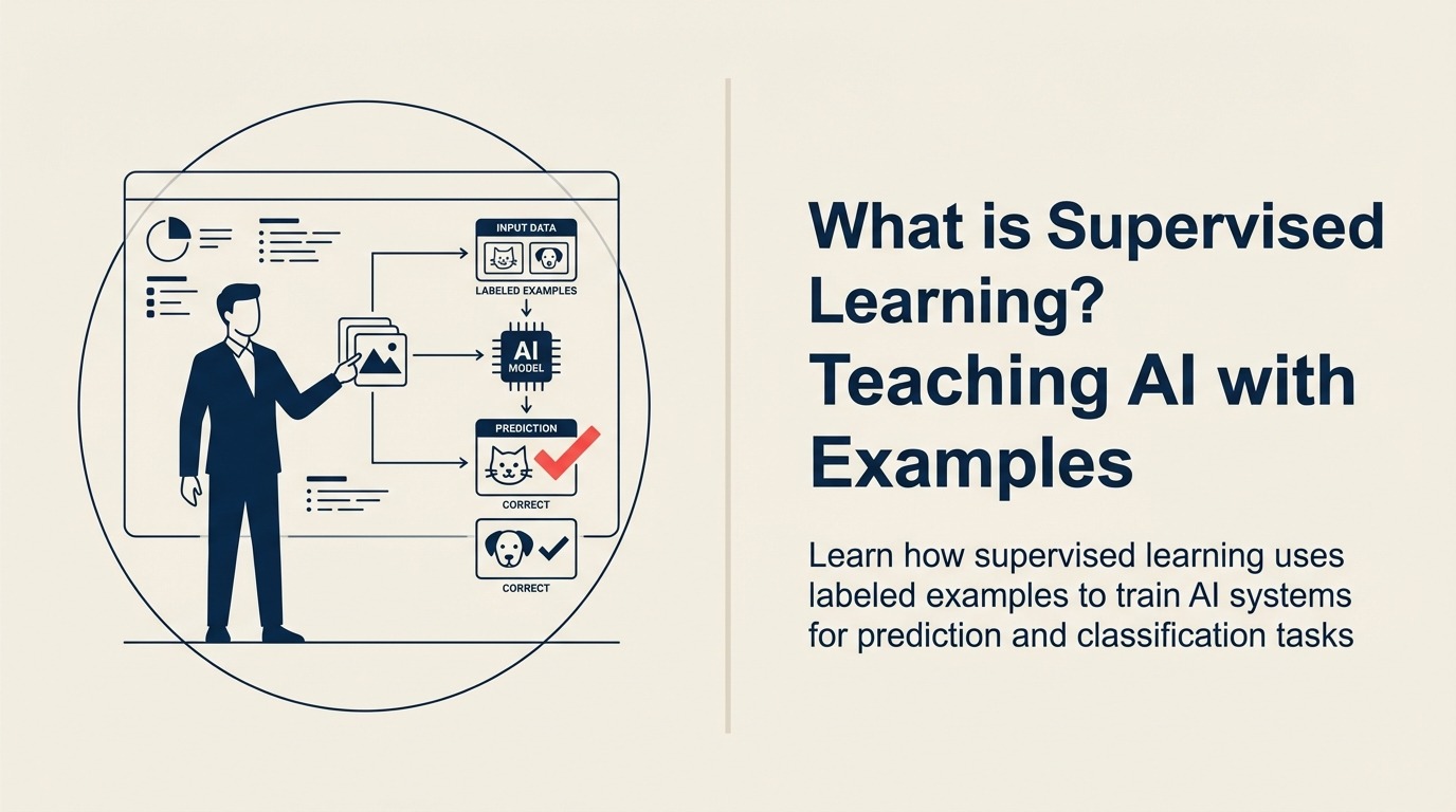 What Is Supervised Learning? illustrated by a teaching tray pairs example objects with correct label tokens, then guides a learning machine to assign one coral answer to a new unseen object.
