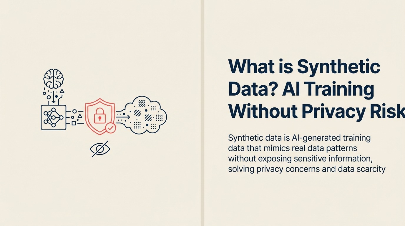 What Is Synthetic Data? illustrated by a privacy-safe data foundry casting new record tiles from a protected statistical mold