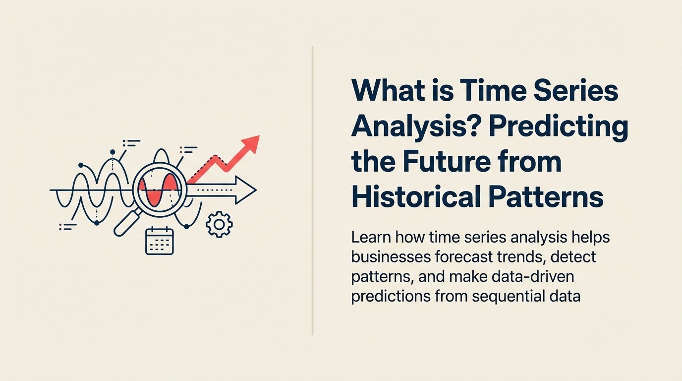 What Is Time Series Analysis? illustrated by a forecasting telescope looks across layered historical waves toward a coral future interval band, with trend and seasonality visible as distinct smooth rhythms.