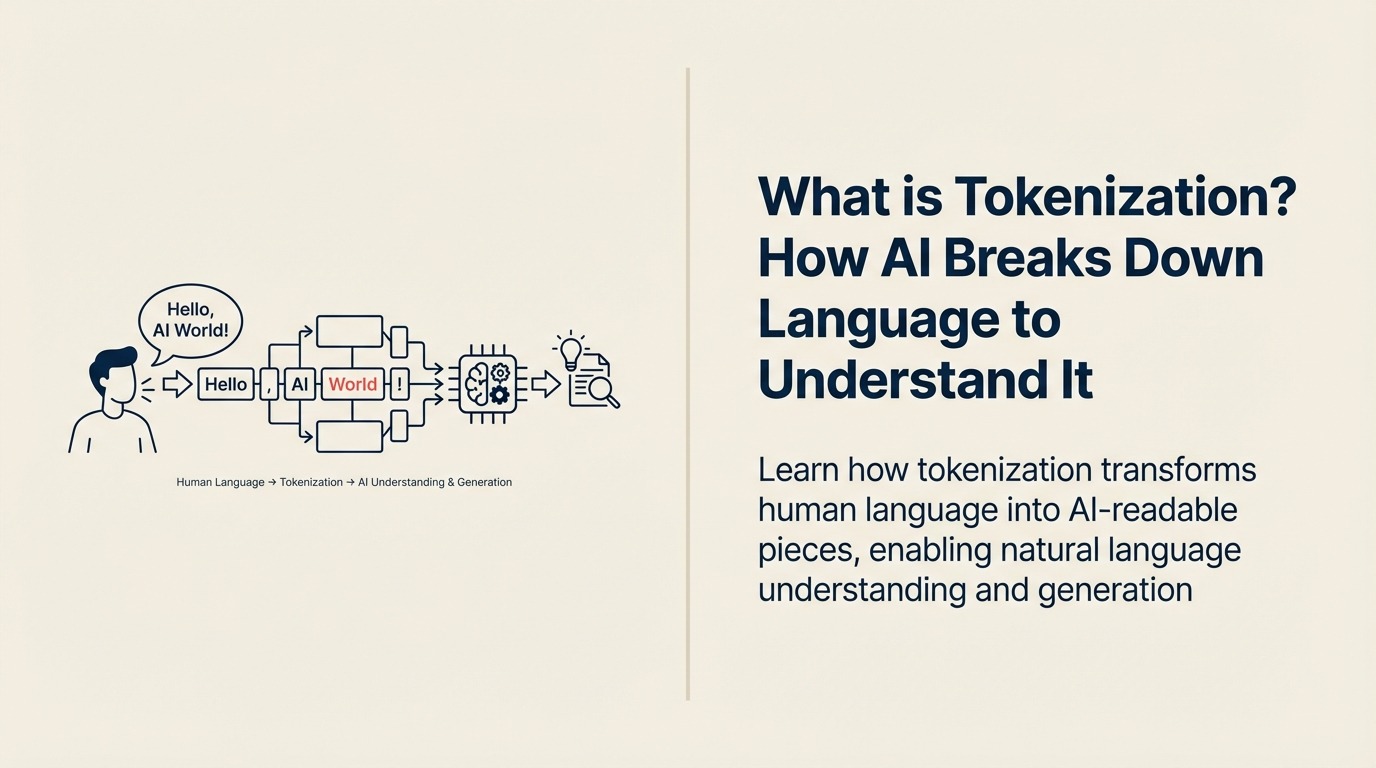 What Is Tokenization in AI? illustrated with a sentence ribbon entering a precise cutting and indexing machine, emerging as ordered navy token tiles with one coral subword