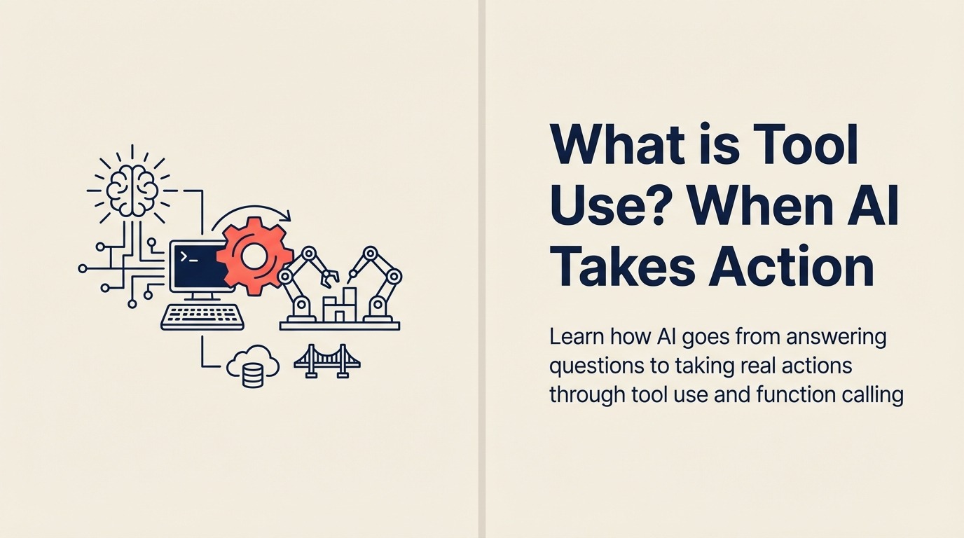 What Is AI Tool Use? shown as an ai operator handoff socket connects a reasoning capsule to a practical toolbelt and one coral action light