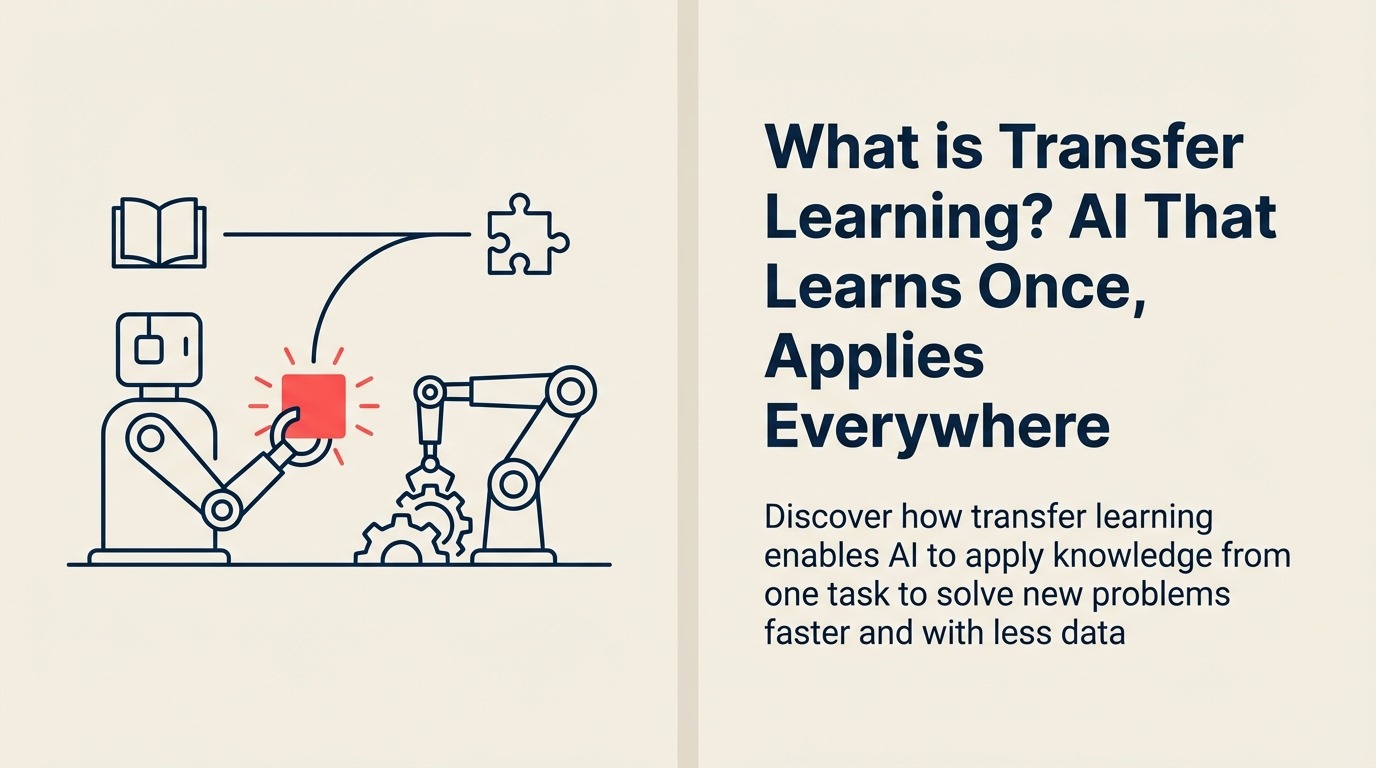 What Is Transfer Learning? shown as a knowledge key lifts out of a large pretrained engine and unlocks a smaller specialized machine with one coral fit indicator