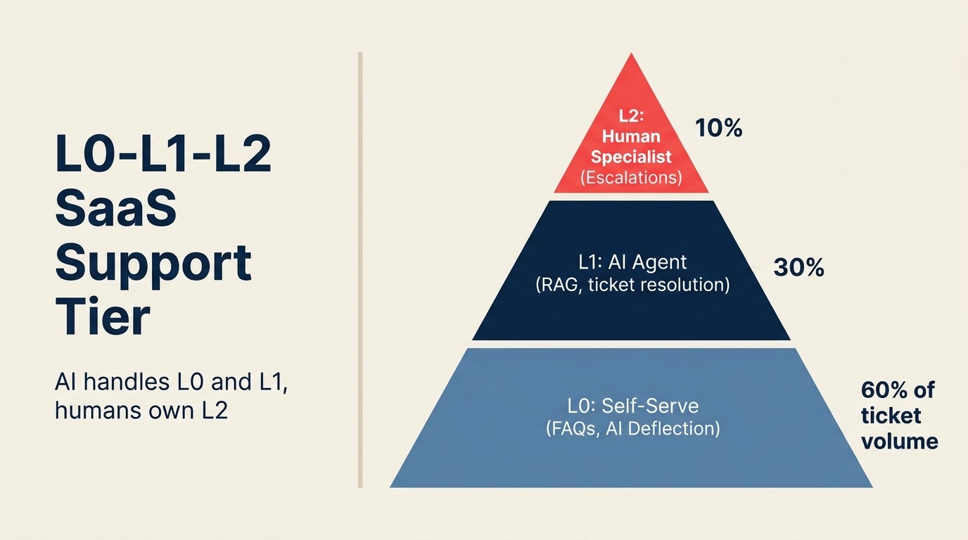 L0-L1-L2 SaaS Support Tier: AI handles L0 and L1, humans own L2