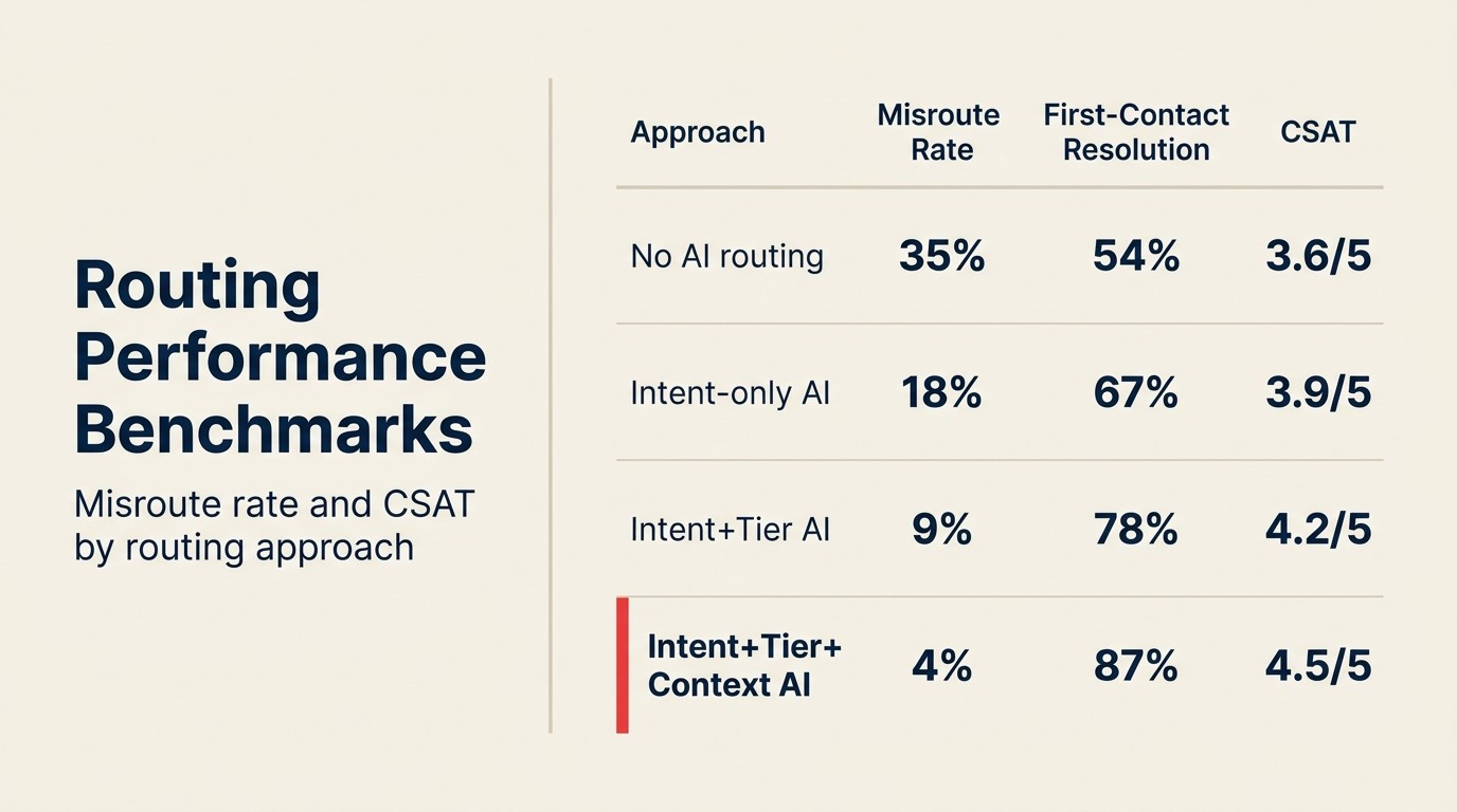 Routing Performance Benchmarks: misroute rate và CSAT theo routing approach