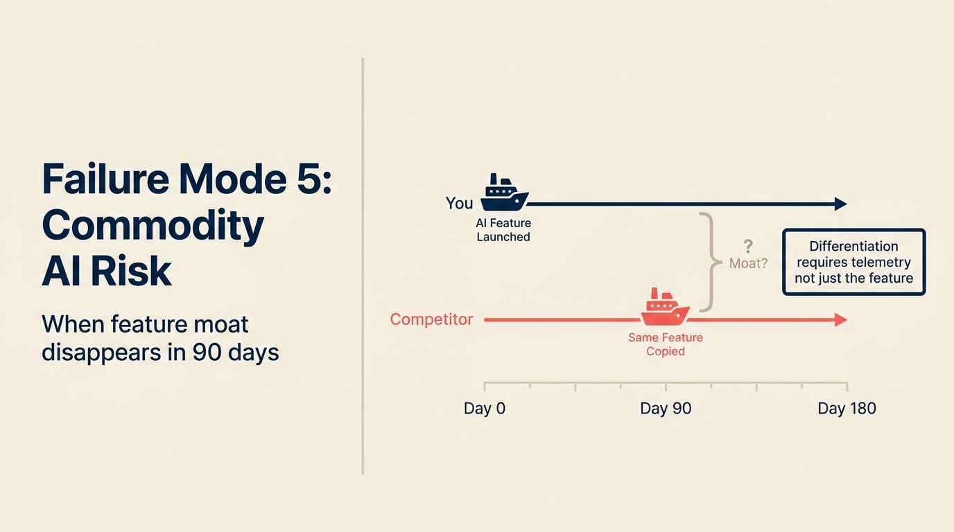 Failure Mode 5: Commodity AI Risk showing when feature moat disappears in 90 days