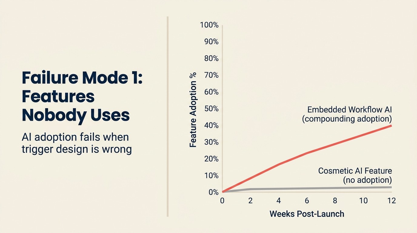 Failure Mode 1: Features Nobody Uses showing AI adoption fails when trigger design is wrong
