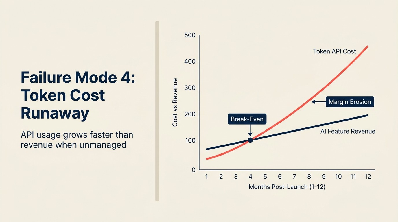 Failure Mode 4: Token Cost Runaway showing API usage grows faster than revenue when unmanaged