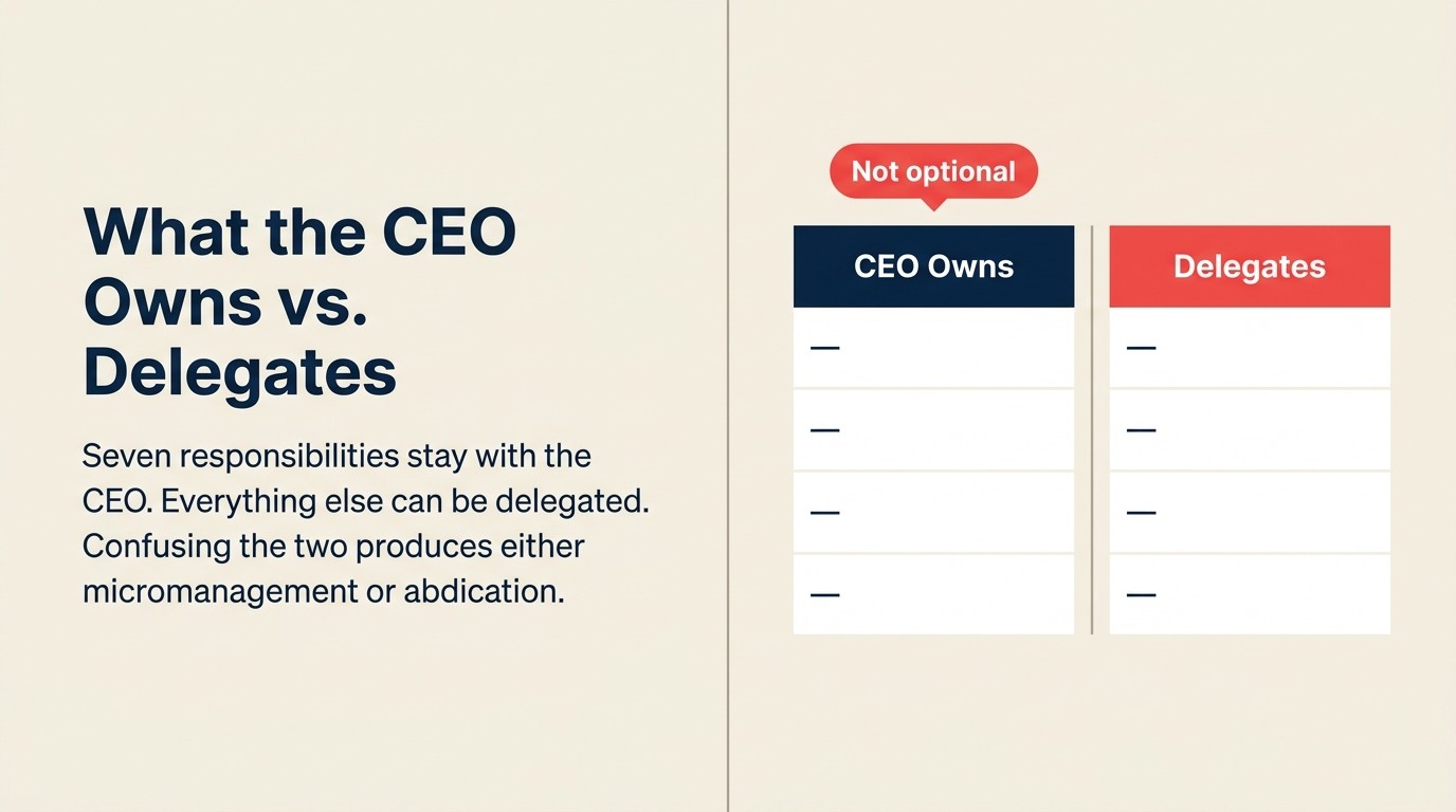 CEO versus delegated responsibilities in AI transformation showing accountability split across CIO, COO, and CHRO