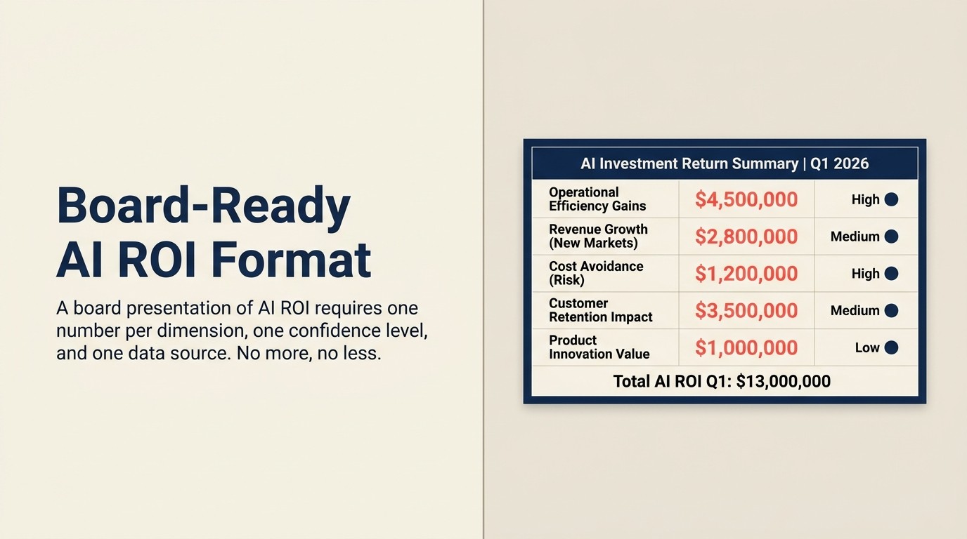 Board presentation format for AI ROI showing five-dimension breakdown executives can defend to directors